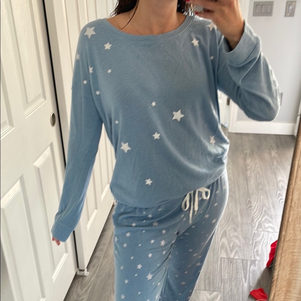 PJ Salvage Blue and White Pajama Set Soft and Relaxed Fit Top-M Bottoms - L - Picture 2 of 10